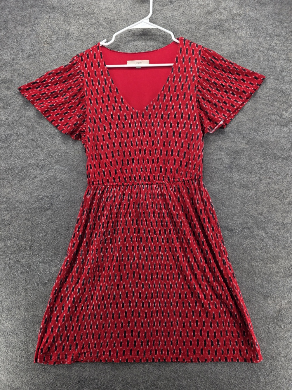 LOFT Dress Womens Medium Red Black Short Sleeve Boho Ikat Pattern Casual Midi